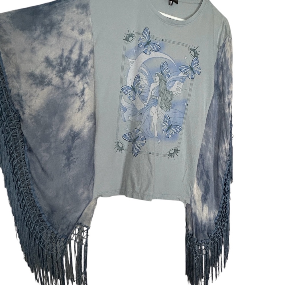 Upcycled Blue Fairy Graphic Top with Kimono Fringe Sleeves OS